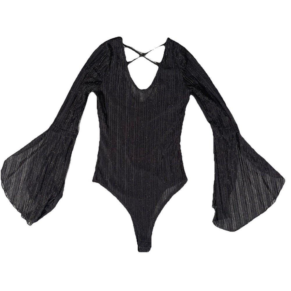 Women's Black Whimsigoth Witchy Bell Sleeve Fitted  Goth Bodysuit Sheer Vamp